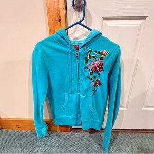 Lucky Brand Aqua Hoodie with Floral Embroidery